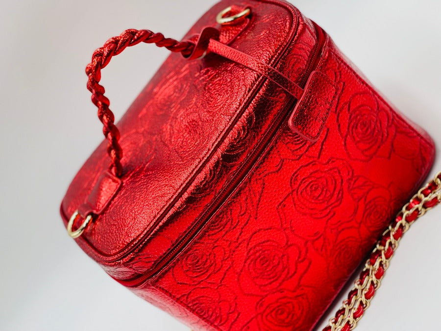 Leather Red Rose, Vanity Case Handbags, Top Red Purses, Braided Handle Purse, Classic Purses, Makeup Bags, Travel Cosmetic Purse,Travel Purse 