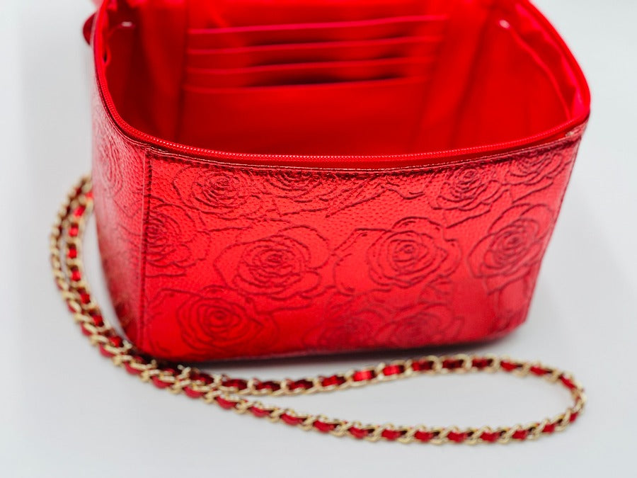 Leather Red Rose, Vanity Case Handbags, Top Red Purses, Braided Handle Purse, Classic Purses, Makeup Bags, Travel Cosmetic Purse,Travel Purse
