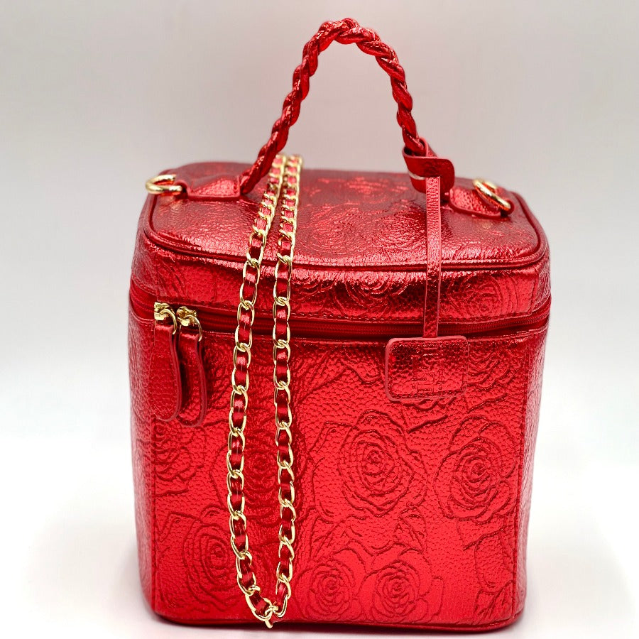 Leather Red Rose, Vanity Makeup Bags, Travel Cosmetic Purse,Travel Makeup Case Handbags, Top Red Purses, Braided Handle Purse, Classic Purses, 