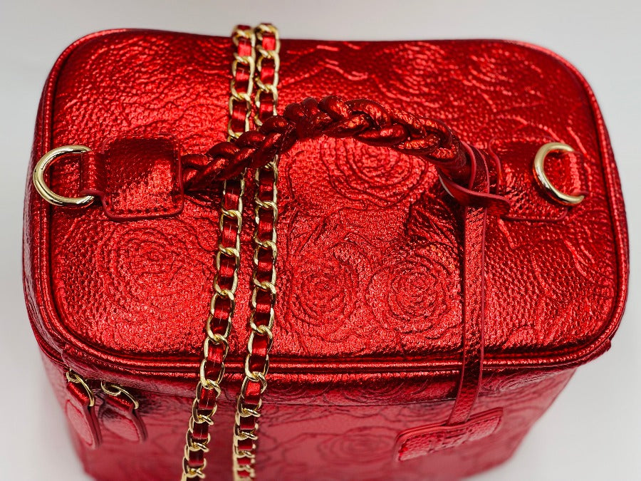 Leather Red Rose, Vanity Case Handbags, Top Red Purses, Braided Handle Purse, Classic Purses, Makeup Bags, Travel Cosmetic Purse,Travel Purse, Red Top Handle Handbags, Braided Handle Purse